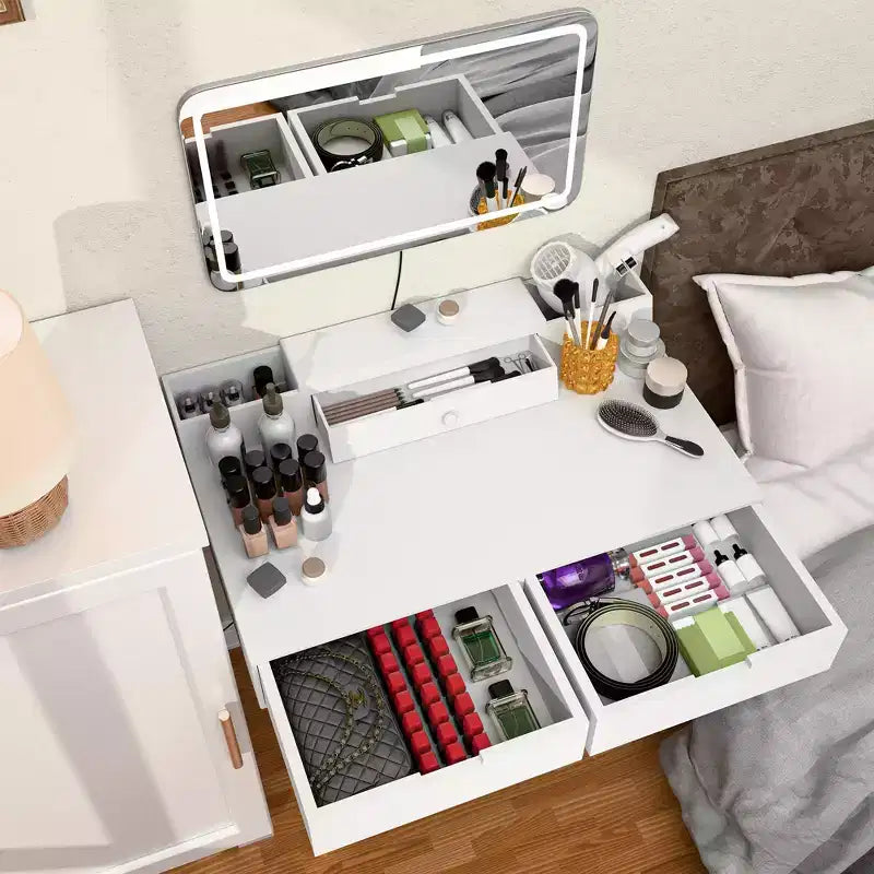 Coiffeuse moderne Okak avec miroir amovible, coiffeuse à maquillage réglable 3 modes de couleur, table de toilette pour salon, chambre à coucher, blanc
