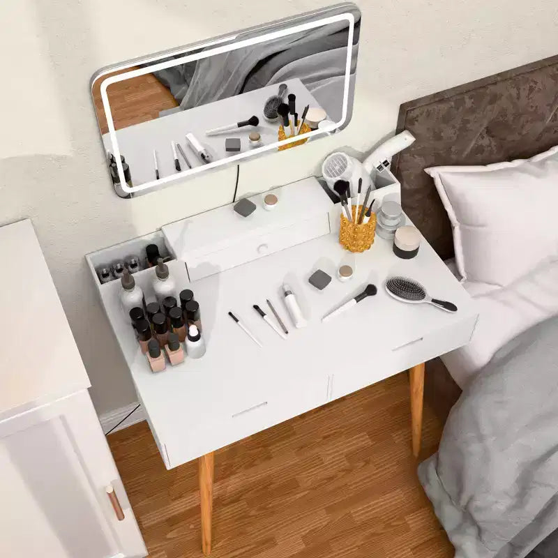 Coiffeuse moderne Okak avec miroir amovible, coiffeuse à maquillage réglable 3 modes de couleur, table de toilette pour salon, chambre à coucher, blanc