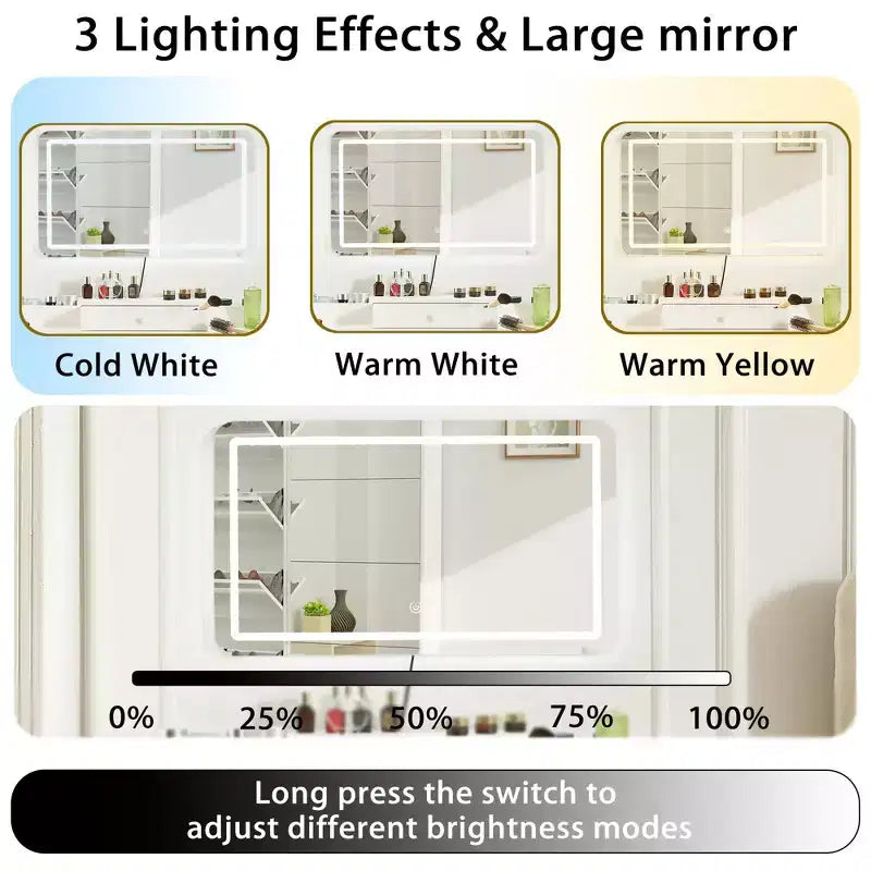 Coiffeuse moderne Okak avec miroir amovible, coiffeuse à maquillage réglable 3 modes de couleur, table de toilette pour salon, chambre à coucher, blanc