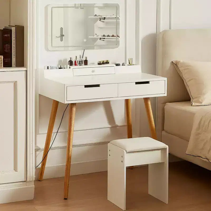 Coiffeuse moderne Okak avec miroir amovible, coiffeuse à maquillage réglable 3 modes de couleur, table de toilette pour salon, chambre à coucher, blanc