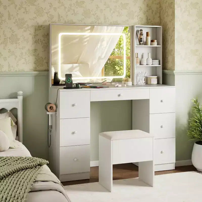 Coiffeuse élégante Okak avec miroir, coiffeuse de maquillage avec tabouret de rangement rembourré, table de toilette avec mode réglable pour le salon, blanc