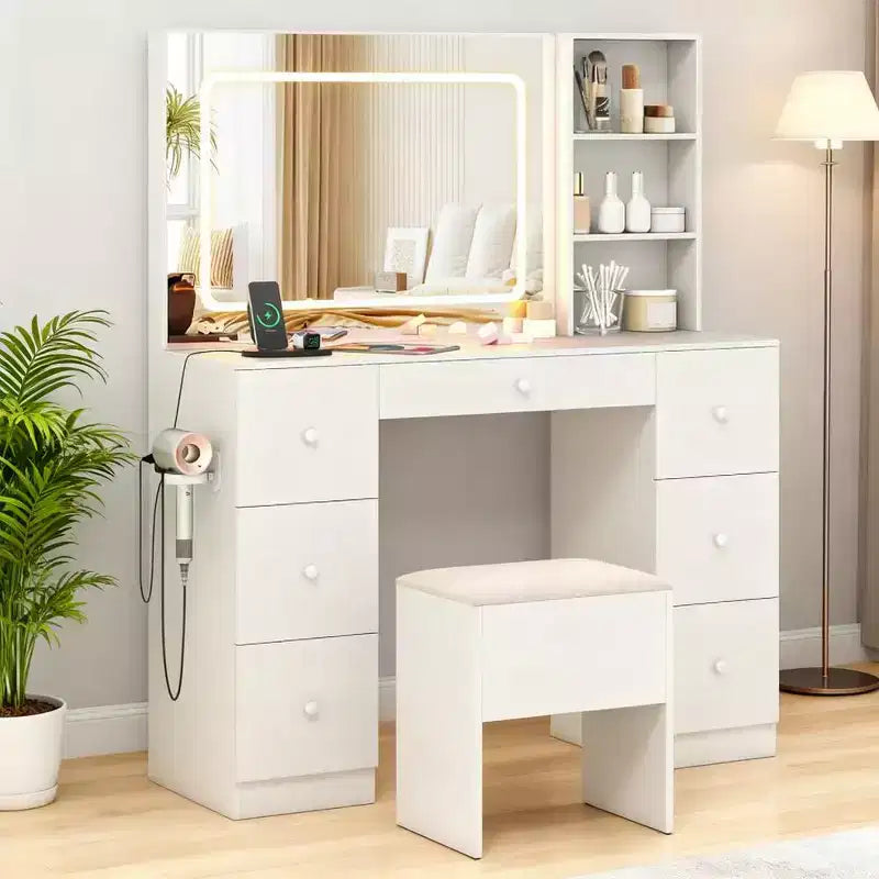 Coiffeuse élégante Okak avec miroir, coiffeuse de maquillage avec tabouret de rangement rembourré, table de toilette avec mode réglable pour le salon, blanc