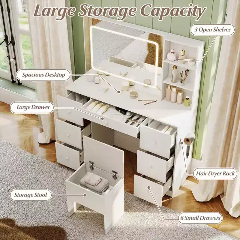 Coiffeuse élégante Okak avec miroir, coiffeuse de maquillage avec tabouret de rangement rembourré, table de toilette avec mode réglable pour le salon, blanc
