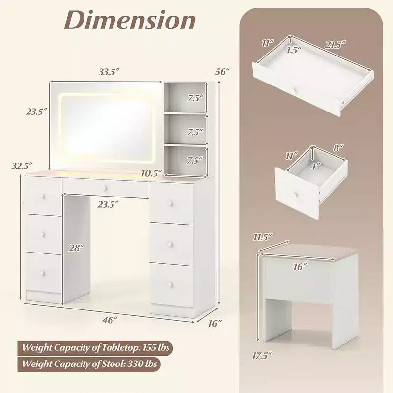 Coiffeuse élégante Okak avec miroir, coiffeuse de maquillage avec tabouret de rangement rembourré, table de toilette avec mode réglable pour le salon, blanc