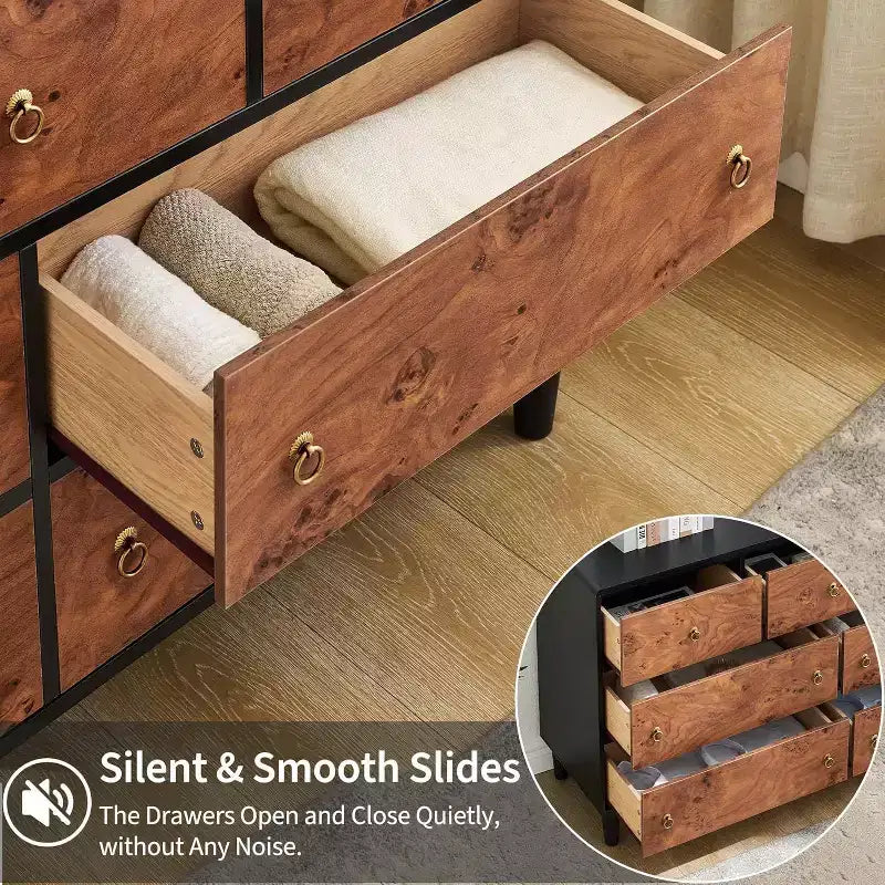 Commode de chambre à coucher, commode moderne de 137 cm de large avec poignée ronde vintage et design de profil incurvé, commode en bois pour salon, entrée