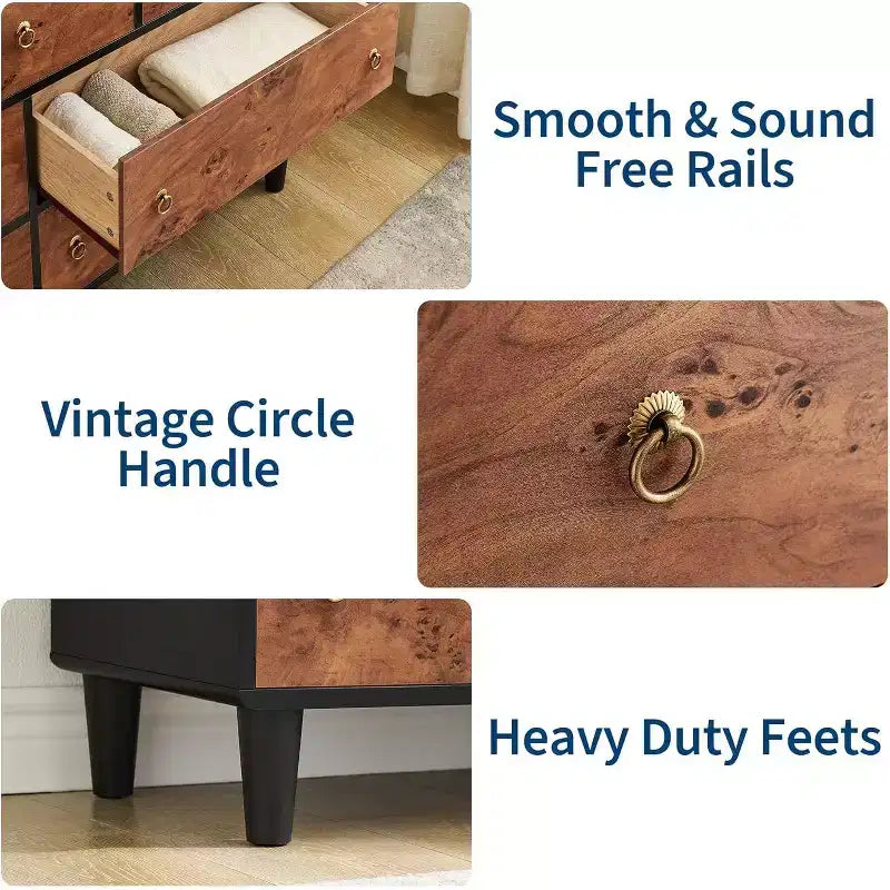 Commode de chambre à coucher, commode moderne de 137 cm de large avec poignée ronde vintage et design de profil incurvé, commode en bois pour salon, entrée