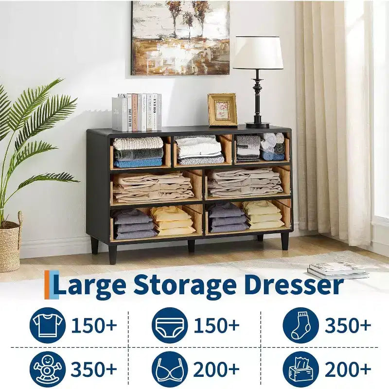 Commode de chambre à coucher, commode moderne de 137 cm de large avec poignée ronde vintage et design de profil incurvé, commode en bois pour salon, entrée