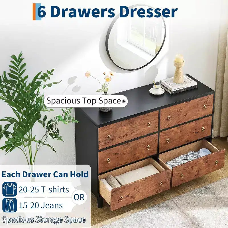 Commode de chambre à coucher, commode moderne de 137 cm de large avec poignée ronde vintage et design de profil incurvé, commode en bois pour salon, entrée