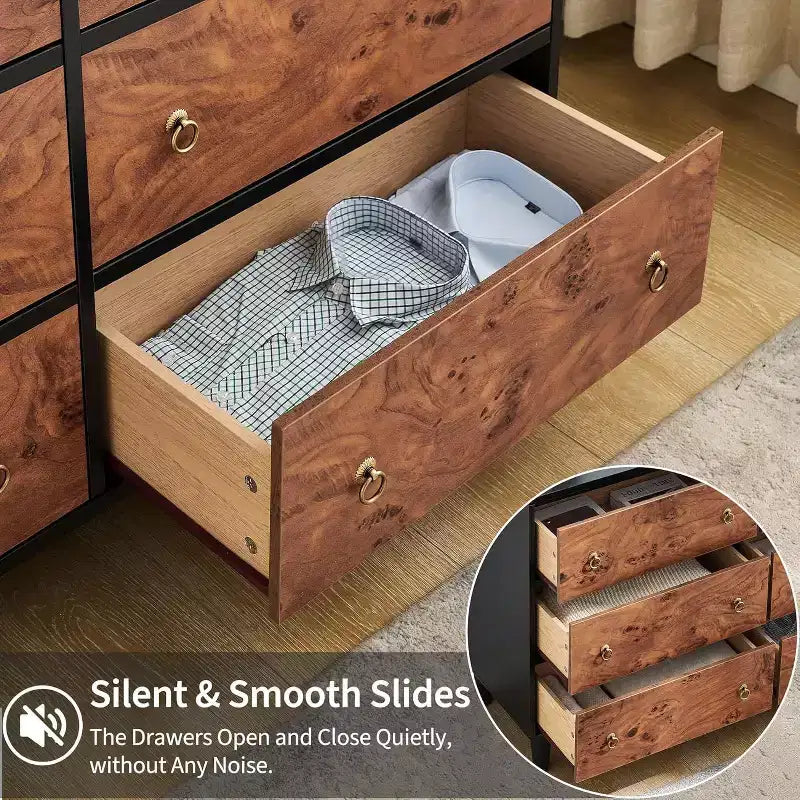 Commode de chambre à coucher, commode moderne de 137 cm de large avec poignée ronde vintage et design de profil incurvé, commode en bois pour salon, entrée