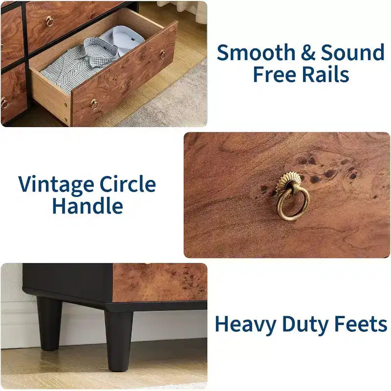 Commode de chambre à coucher, commode moderne de 137 cm de large avec poignée ronde vintage et design de profil incurvé, commode en bois pour salon, entrée