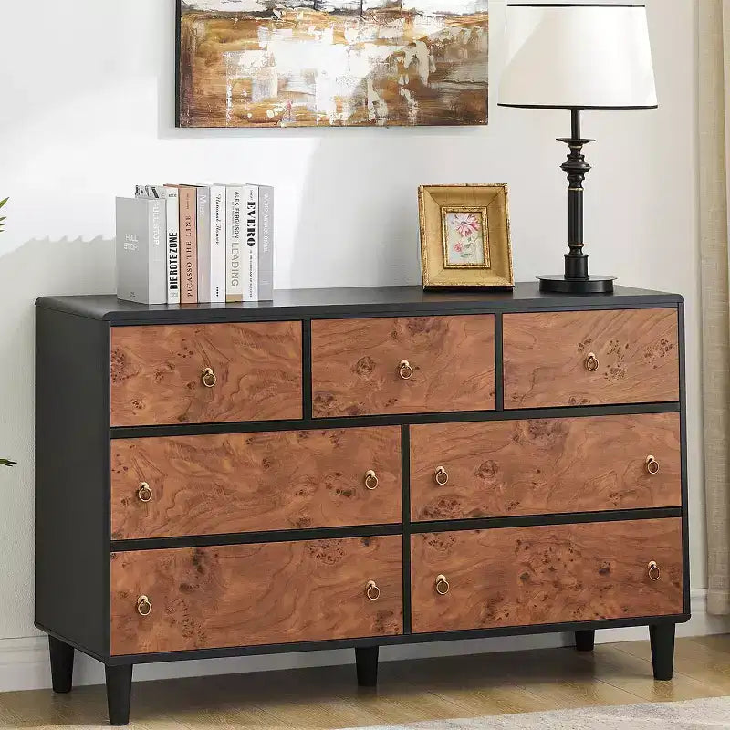 Commode de chambre à coucher, commode moderne de 137 cm de large avec poignée ronde vintage et design de profil incurvé, commode en bois pour salon, entrée
