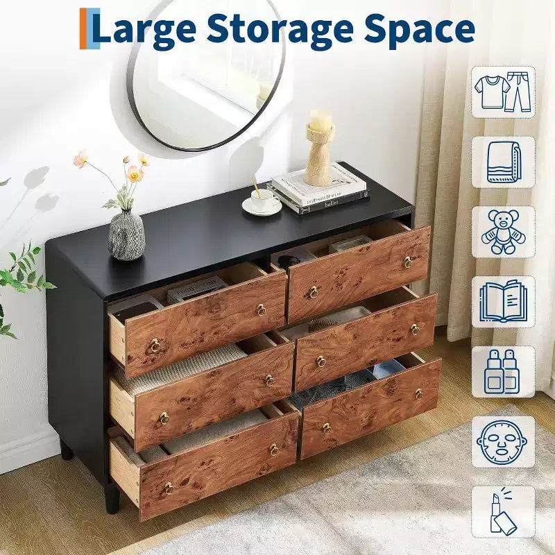 Commode de chambre à coucher, commode moderne de 137 cm de large avec poignée ronde vintage et design de profil incurvé, commode en bois pour salon, entrée