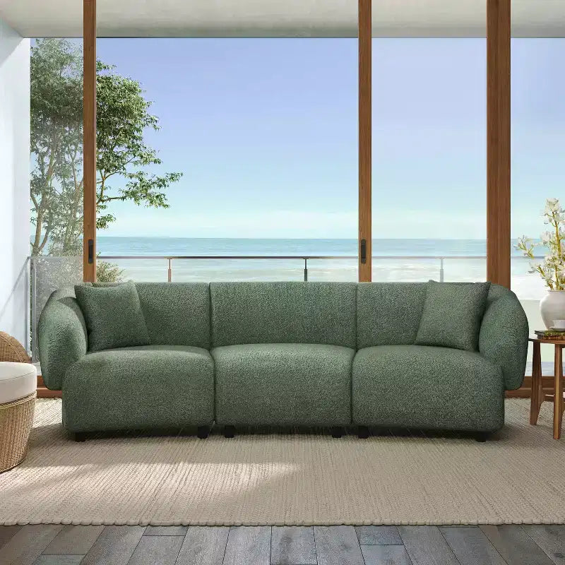 MAYEERTY Canapé incurvé contemporain 3 places beige de 250 cm, assise moelleuse, design épuré, cadre durable pour des espaces de vie élégants