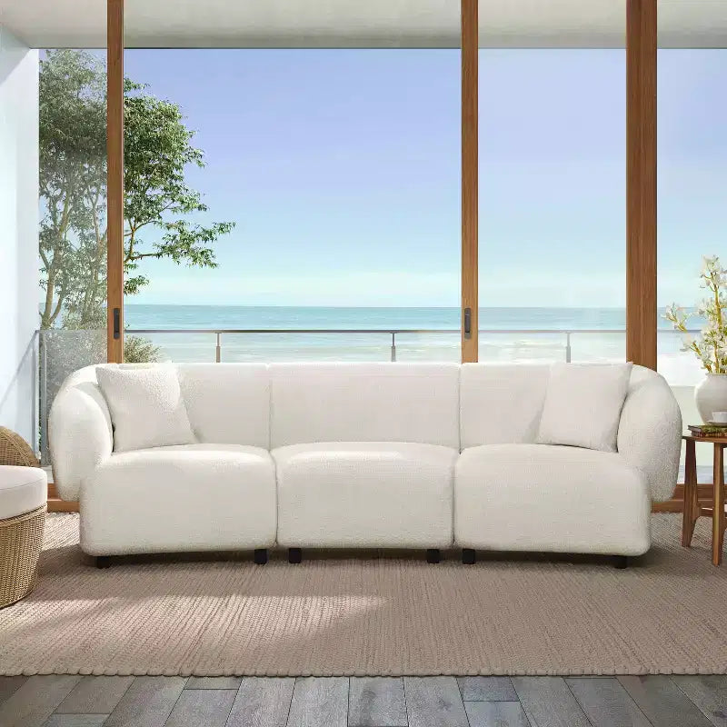MAYEERTY Canapé incurvé contemporain 3 places beige de 250 cm, assise moelleuse, design épuré, cadre durable pour des espaces de vie élégants