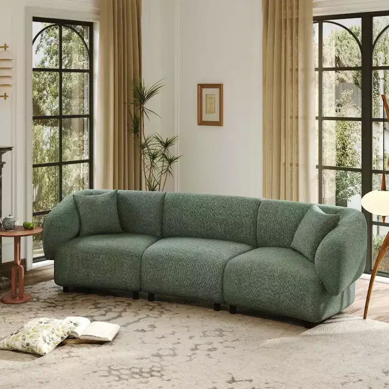 MAYEERTY Canapé incurvé contemporain 3 places beige de 250 cm, assise moelleuse, design épuré, cadre durable pour des espaces de vie élégants