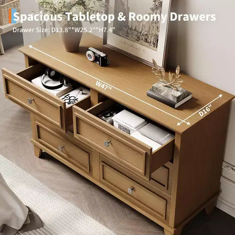 Commode à 6 tiroirs, Meuble de rangement en bois avec tiroirs, Grande commode large meuble TV, Organiseur de tiroirs moderne pour chambre à coucher, salon, couloir, entrée
