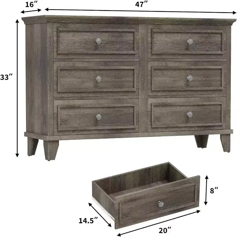 Commode à 6 tiroirs, Meuble de rangement en bois avec tiroirs, Grande commode large meuble TV, Organiseur de tiroirs moderne pour chambre à coucher, salon, couloir, entrée