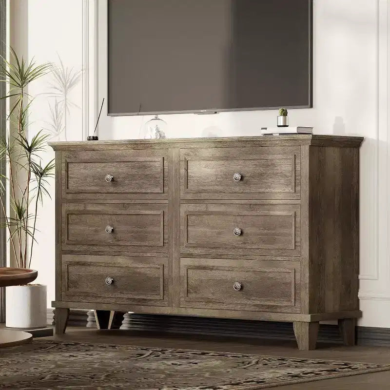 Commode à 6 tiroirs, Meuble de rangement en bois avec tiroirs, Grande commode large meuble TV, Organiseur de tiroirs moderne pour chambre à coucher, salon, couloir, entrée