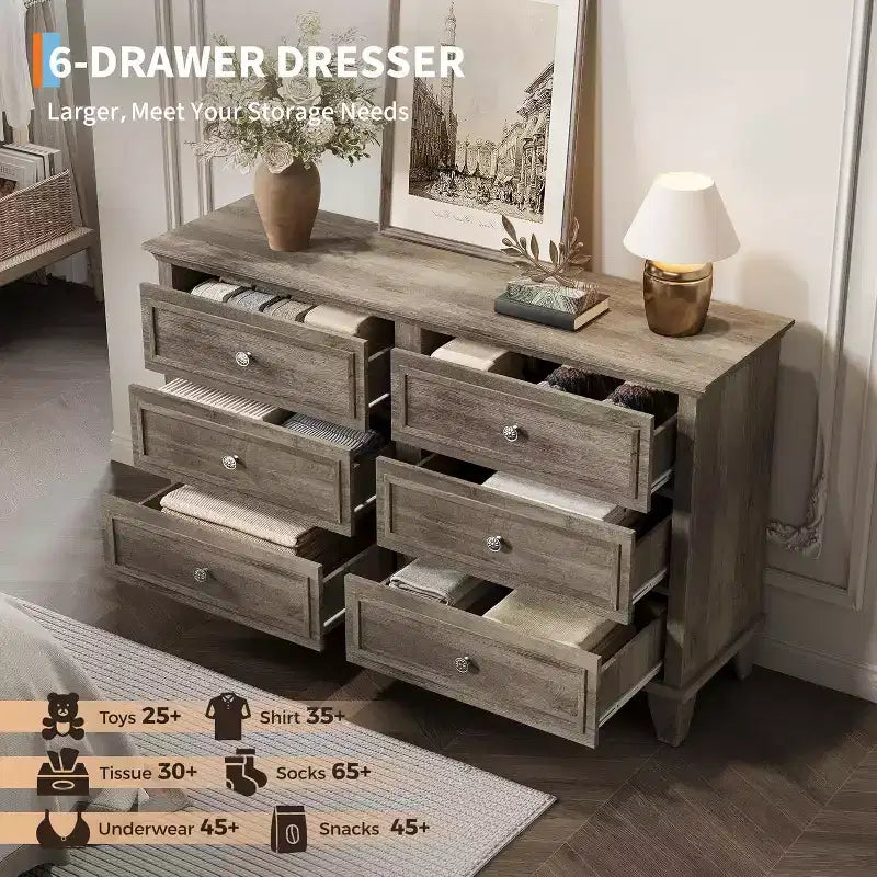 Commode à 6 tiroirs, Meuble de rangement en bois avec tiroirs, Grande commode large meuble TV, Organiseur de tiroirs moderne pour chambre à coucher, salon, couloir, entrée