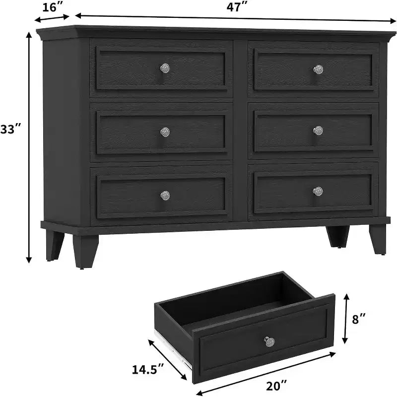 Commode à 6 tiroirs, Meuble de rangement en bois avec tiroirs, Grande commode large meuble TV, Organiseur de tiroirs moderne pour chambre à coucher, salon, couloir, entrée