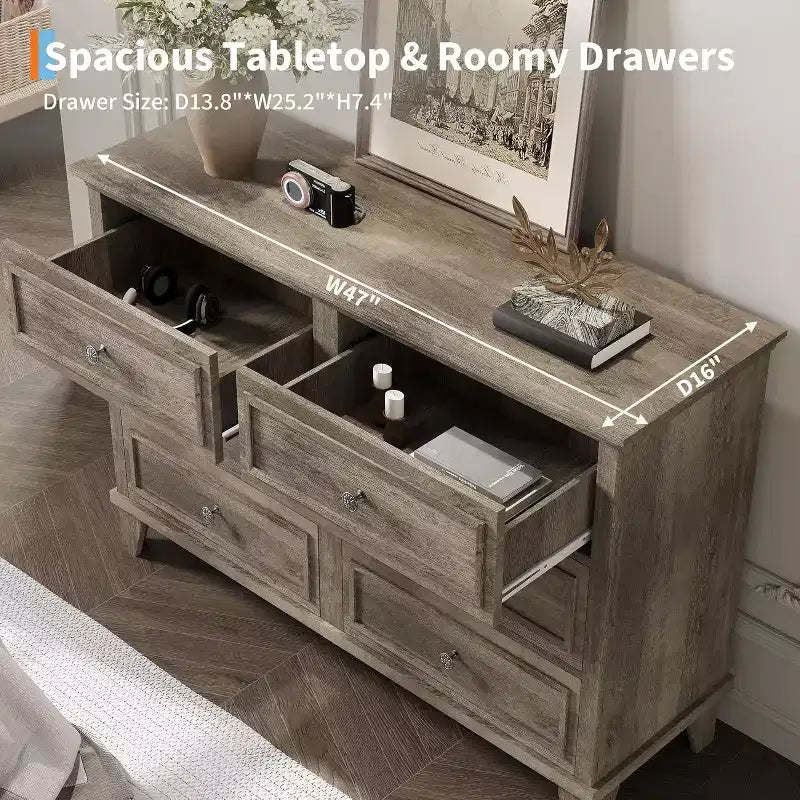 Commode à 6 tiroirs, Meuble de rangement en bois avec tiroirs, Grande commode large meuble TV, Organiseur de tiroirs moderne pour chambre à coucher, salon, couloir, entrée