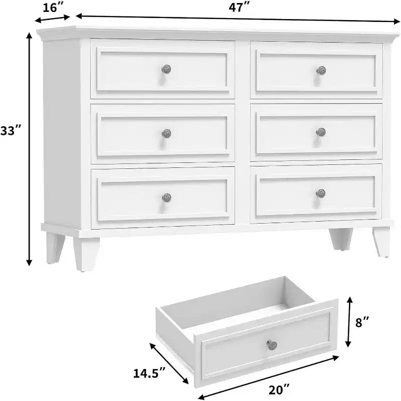 Commode à 6 tiroirs, Meuble de rangement en bois avec tiroirs, Grande commode large meuble TV, Organiseur de tiroirs moderne pour chambre à coucher, salon, couloir, entrée