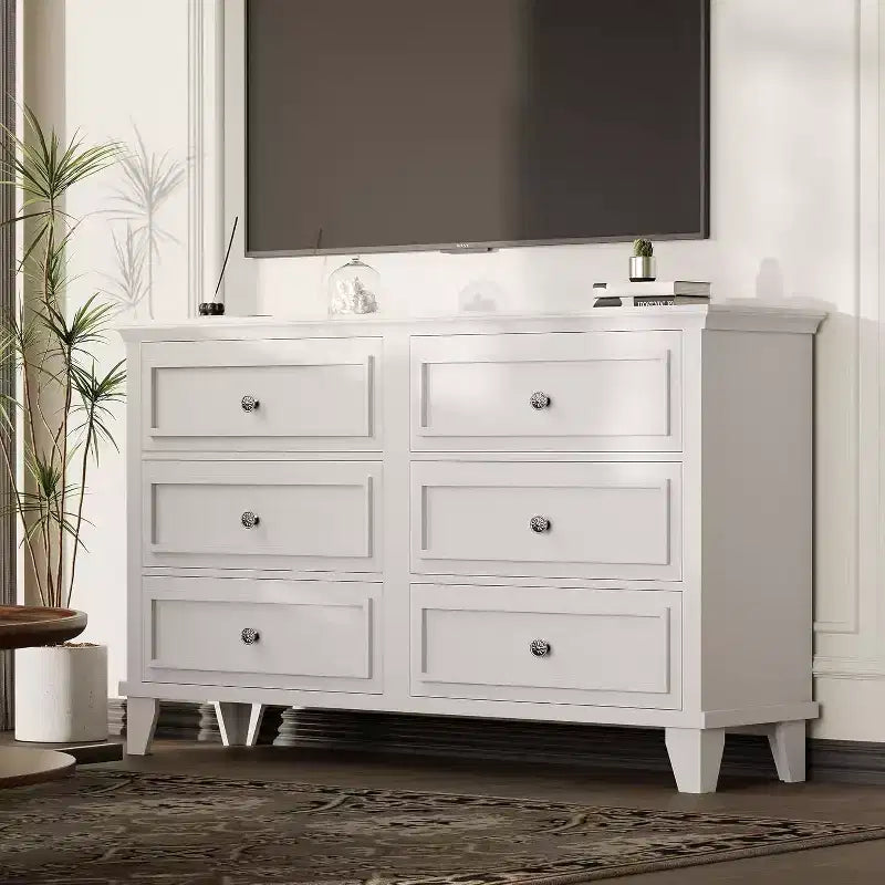 Commode à 6 tiroirs, Meuble de rangement en bois avec tiroirs, Grande commode large meuble TV, Organiseur de tiroirs moderne pour chambre à coucher, salon, couloir, entrée
