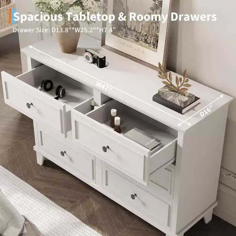 Commode à 6 tiroirs, Meuble de rangement en bois avec tiroirs, Grande commode large meuble TV, Organiseur de tiroirs moderne pour chambre à coucher, salon, couloir, entrée