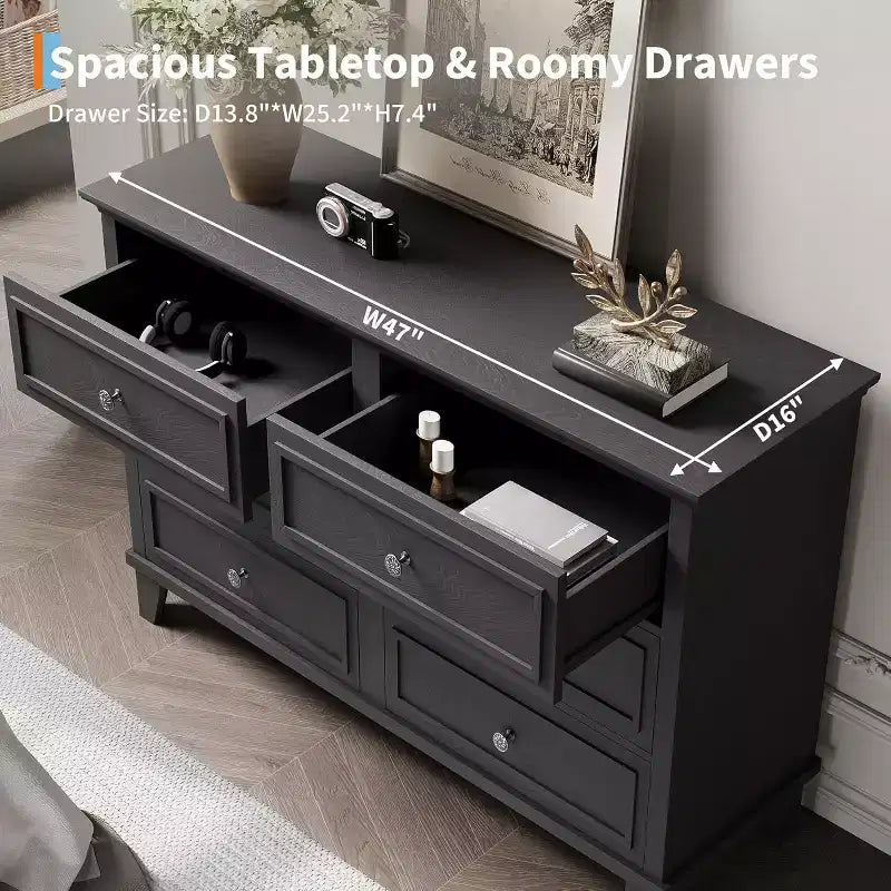 Commode à 6 tiroirs, Meuble de rangement en bois avec tiroirs, Grande commode large meuble TV, Organiseur de tiroirs moderne pour chambre à coucher, salon, couloir, entrée