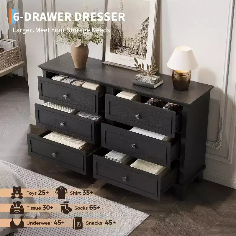 Commode à 6 tiroirs, Meuble de rangement en bois avec tiroirs, Grande commode large meuble TV, Organiseur de tiroirs moderne pour chambre à coucher, salon, couloir, entrée