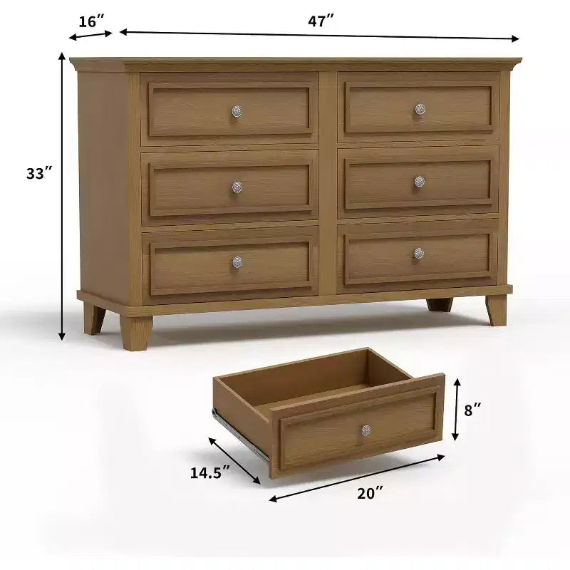 Commode à 6 tiroirs, Meuble de rangement en bois avec tiroirs, Grande commode large meuble TV, Organiseur de tiroirs moderne pour chambre à coucher, salon, couloir, entrée