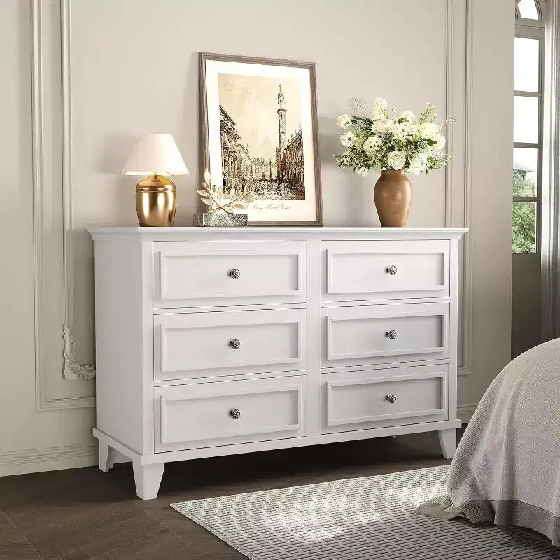 Commode à 6 tiroirs, Meuble de rangement en bois avec tiroirs, Grande commode large meuble TV, Organiseur de tiroirs moderne pour chambre à coucher, salon, couloir, entrée