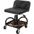Rolling Garage Stool with Padded Seat, Height Adjustable 15.7-20.5, 300LB Capacity, Utility Tray, Lockable 360 Wheels, Black