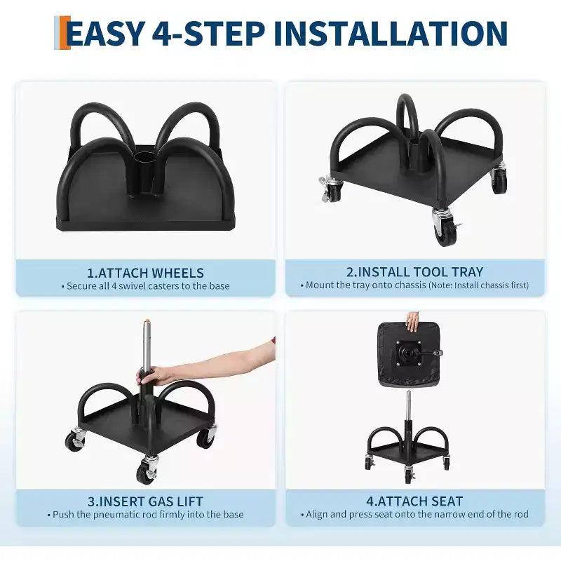 Tabouret de garage roulant avec siège rembourré, hauteur réglable 40-52 cm, capacité de 136 kg, plateau de rangement, roulettes pivotantes à 360° verrouillables, noir