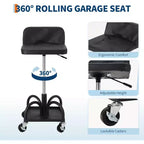 Tabouret de garage roulant avec siège rembourré, hauteur réglable 40-52 cm, capacité de 136 kg, plateau de rangement, roulettes pivotantes à 360° verrouillables, noir