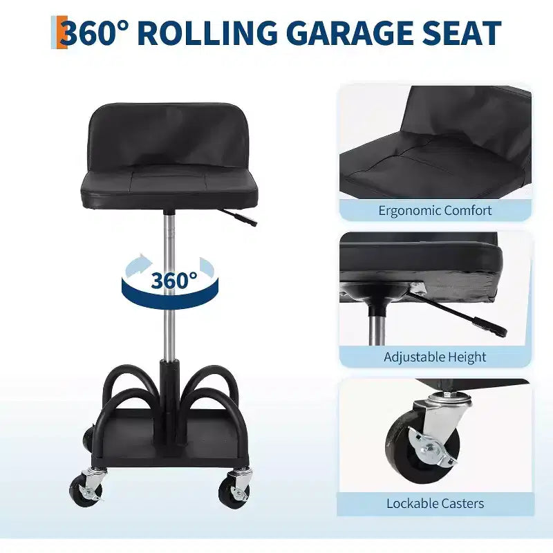 Tabouret de garage roulant avec siège rembourré, hauteur réglable 40-52 cm, capacité de 136 kg, plateau de rangement, roulettes pivotantes à 360° verrouillables, noir