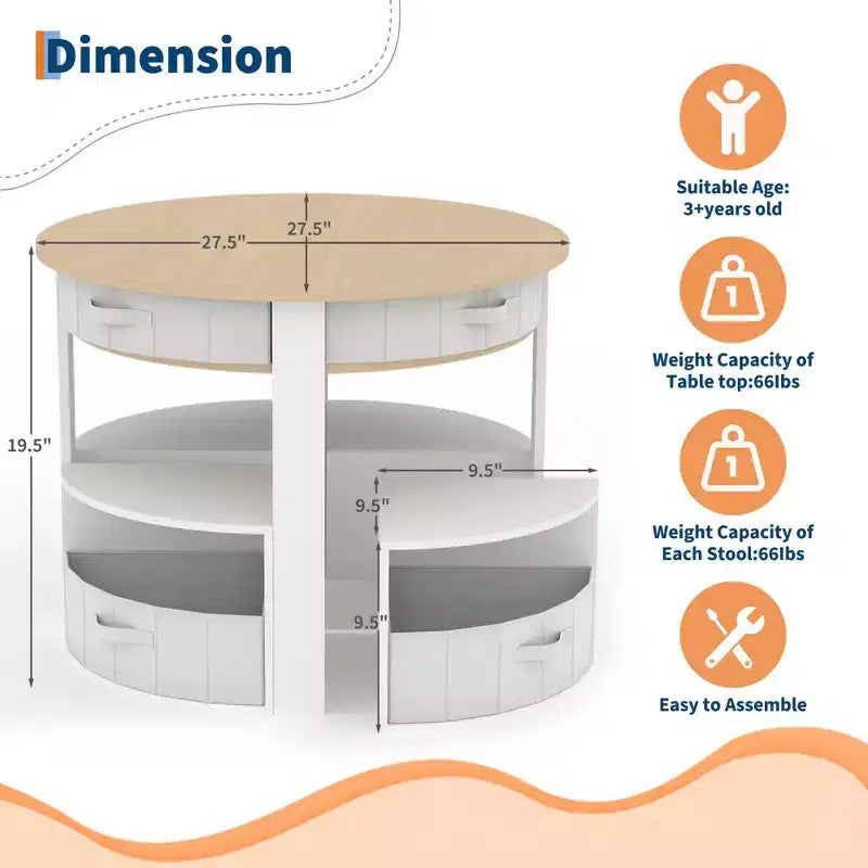 Ensemble Table et Chaises pour Tout-Petits, Table d'Activités Ronde pour Enfants avec 4 Tabourets de Rangement, Bureau Gigogne peu Encombrant pour les Activités Manuelles, le Dessin, la Lecture, Garçons et Filles de 3 ans et plus