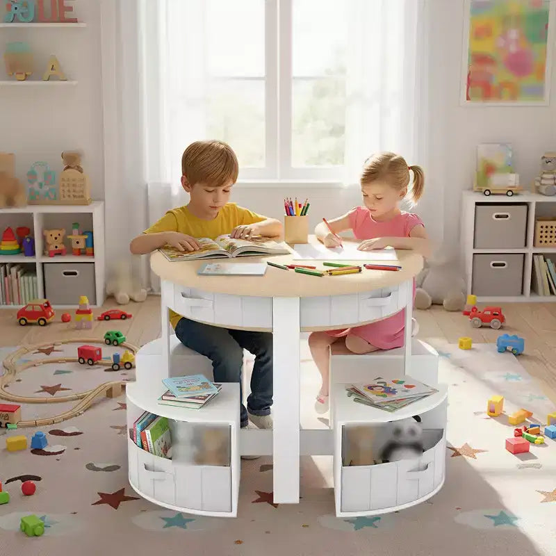 Ensemble Table et Chaises pour Tout-Petits, Table d'Activités Ronde pour Enfants avec 4 Tabourets de Rangement, Bureau Gigogne peu Encombrant pour les Activités Manuelles, le Dessin, la Lecture, Garçons et Filles de 3 ans et plus