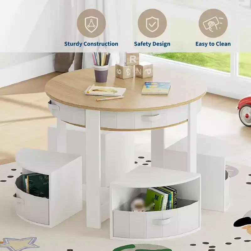 Ensemble Table et Chaises pour Tout-Petits, Table d'Activités Ronde pour Enfants avec 4 Tabourets de Rangement, Bureau Gigogne peu Encombrant pour les Activités Manuelles, le Dessin, la Lecture, Garçons et Filles de 3 ans et plus
