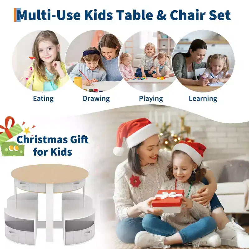 Ensemble Table et Chaises pour Tout-Petits, Table d'Activités Ronde pour Enfants avec 4 Tabourets de Rangement, Bureau Gigogne peu Encombrant pour les Activités Manuelles, le Dessin, la Lecture, Garçons et Filles de 3 ans et plus