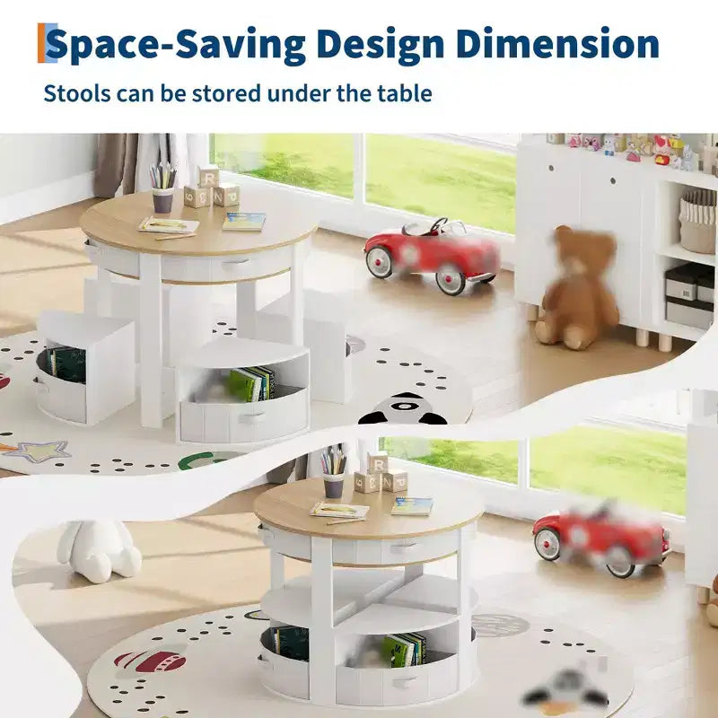 Ensemble Table et Chaises pour Tout-Petits, Table d'Activités Ronde pour Enfants avec 4 Tabourets de Rangement, Bureau Gigogne peu Encombrant pour les Activités Manuelles, le Dessin, la Lecture, Garçons et Filles de 3 ans et plus