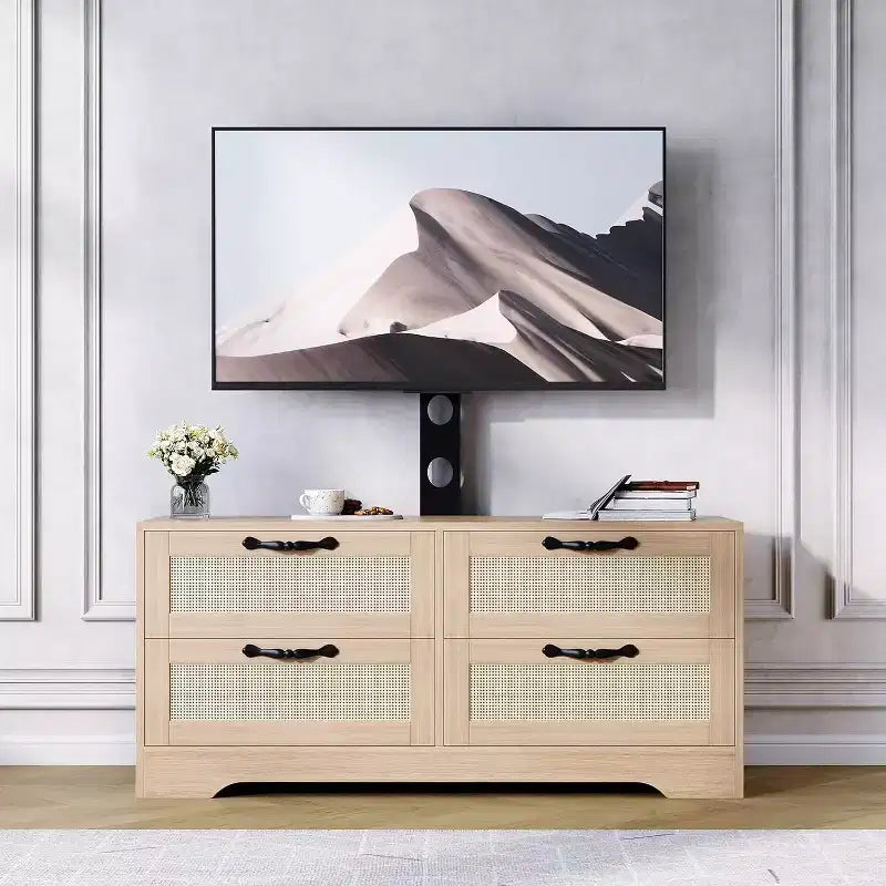 Meuble TV en rotin à 4 tiroirs, style fermier pour téléviseurs de 70 pouces, pour salon, montage facile