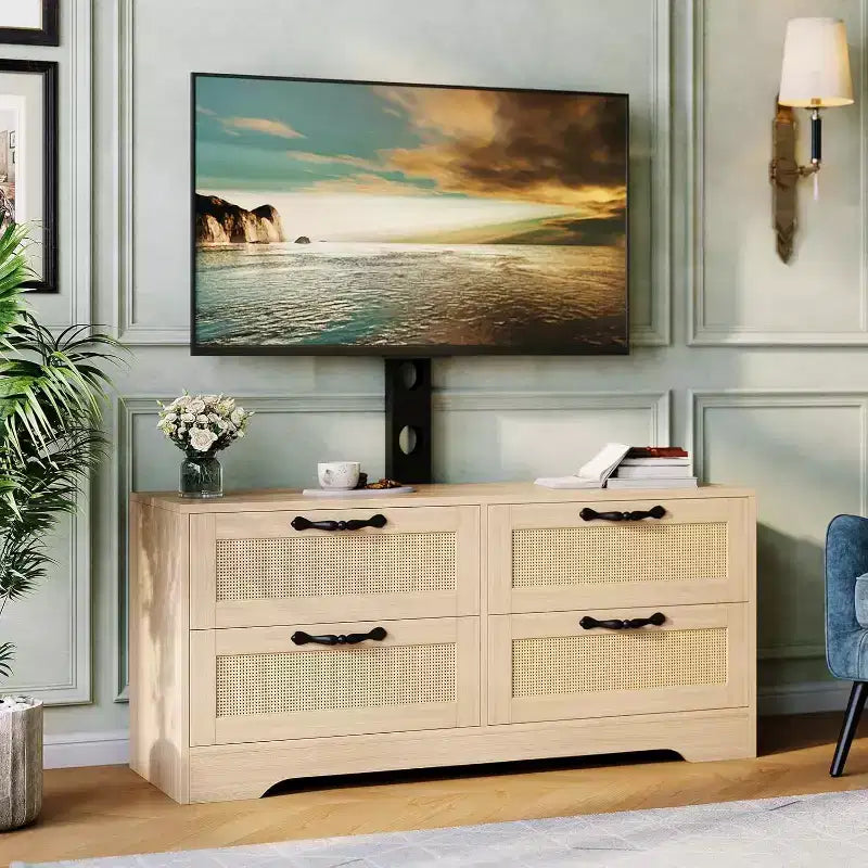 Meuble TV en rotin à 4 tiroirs, style fermier pour téléviseurs de 70 pouces, pour salon, montage facile