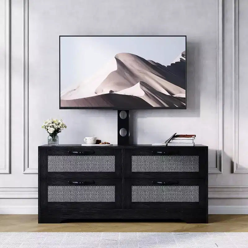 Meuble TV en rotin à 4 tiroirs, style fermier pour téléviseurs de 70 pouces, pour salon, montage facile
