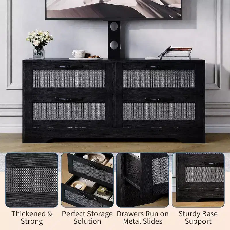 Meuble TV en rotin à 4 tiroirs, style fermier pour téléviseurs de 70 pouces, pour salon, montage facile