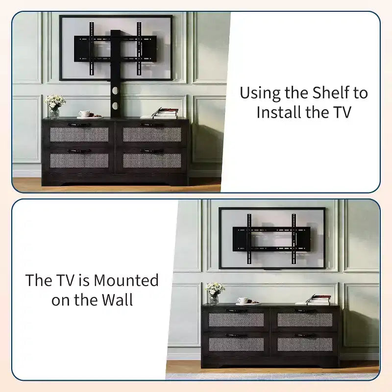 Meuble TV en rotin à 4 tiroirs, style fermier pour téléviseurs de 70 pouces, pour salon, montage facile