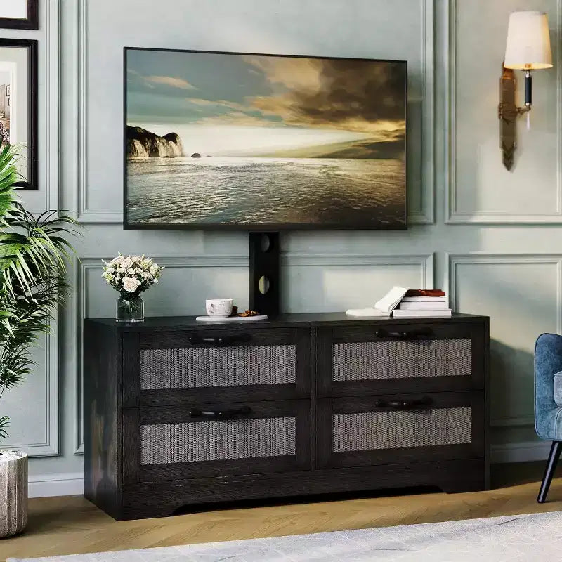 Meuble TV en rotin à 4 tiroirs, style fermier pour téléviseurs de 70 pouces, pour salon, montage facile