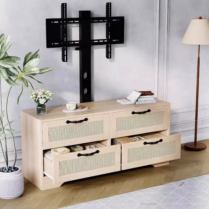 Meuble TV en rotin à 4 tiroirs, style fermier pour téléviseurs de 70 pouces, pour salon, montage facile