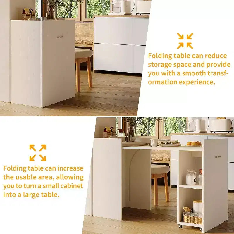 Table pliante de 50 po avec armoire de rangement et roulettes, bureau à abattants extensible pour cuisine, bureau à domicile et chambre à coucher
