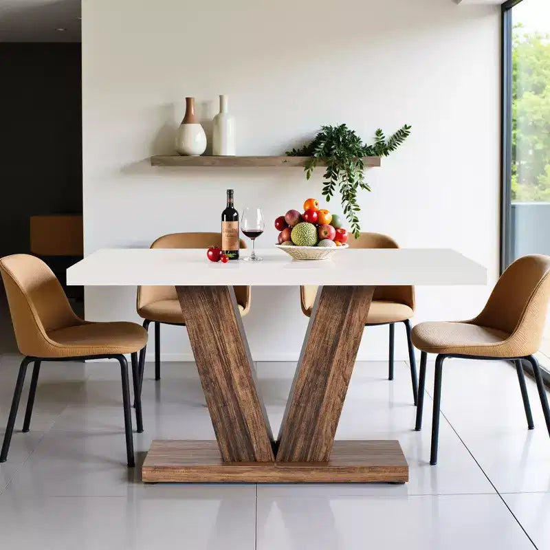 Table de salle à manger de ferme TUYOHW pour 4-6 personnes, table de cuisine rectangulaire avec plateau épais de 4 cm et support triangulaire, 120 cm de long, blanc+marron